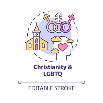 Christianity and LGBTQ concept icon. Acceptance of everybody. Progress in religion abstract idea thin line illustration. Isolated outline drawing. Editable stroke. Arial, Myriad Pro-Bold fonts used