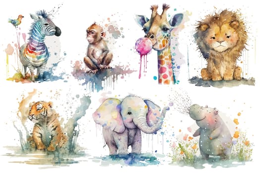 Safari Animal set lion, giraffe and elephant, hippopotamus, zebra, macaque, tiger in watercolor style. Isolated vector illustration