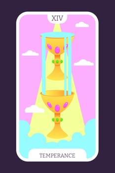 The temperance tarot cartoon flat card template major arcana. Taro vector illustration spiritual signs with esoteric magic and astrology symbols. Isolated colored graphic. Witchcraft concept EPS