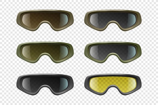 Vector 3d Realistic Military, Industrial Safety Glasses Icon Set Closeup Isolated. Transparent Glasses, Safety Glasses - Sports, Military, Uniform. Front View