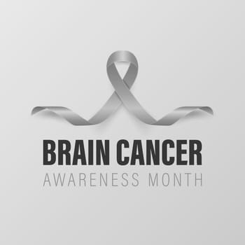 Brin Cancer Banner, Card, Placard with Vector 3d Realistic Grey Ribbon on Grey Background. Brain Cancer Awareness Month Symbol Closeup, May. World Brain Cancer Day Concept