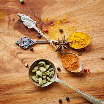 Add some flavor to your food. an assortment of colorful spices.