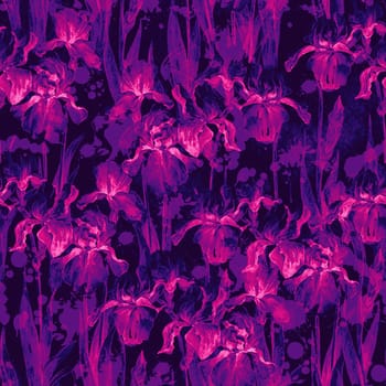 Summer meadow iris flowers watercolor monochrome seamless pattern on dark background
