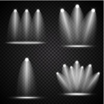 Set of Realistic Bright Projectors Lighting Lamp Collection with Spotlights Lighting Effects with Transparency Isolated on Transparent Background. Vector Illustration
