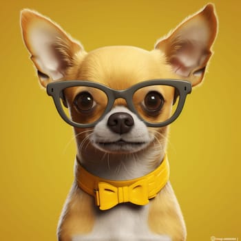 pet dog glasses cute chihuahua portrait puppy background yellow student animal. Generative AI.