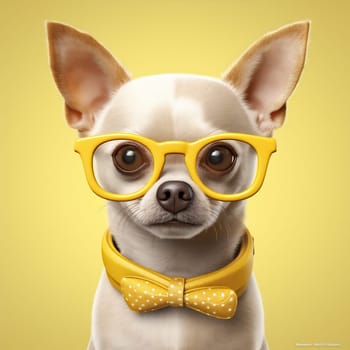 puppy dog background cute yellow chihuahua glasses animal fun portrait pet. Generative AI.