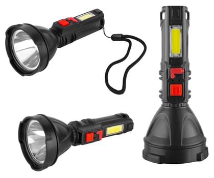 battery-powered flashlight, hand-held, on a white background
