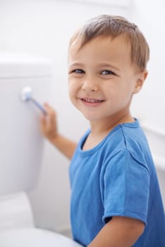 Flushing away moms potty training worries. Portrait of a cute young boy flushing a toilet.