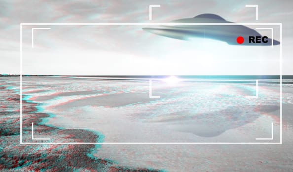 UFO, alien and viewfinder on a camcorder screen with a spaceship flying in the sky over area 51. Camera, spacecraft and conspiracy theory with a saucer on a display to record a sighting of aliens
