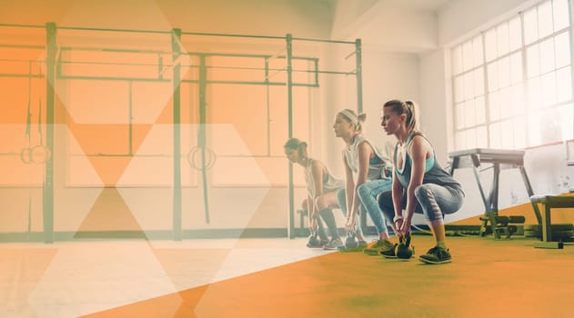 Fitness, kettlebell and women group at gym for exercise, workout and focus on training. Athlete team or people together for power challenge, lunge and strong muscle at health club with mockup overlay