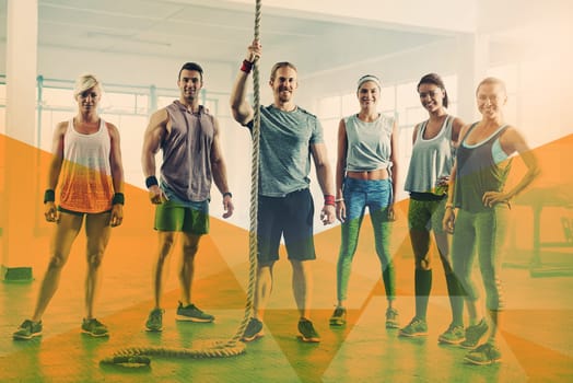 Fitness group, gym portrait and overlay for exercise, workout and training with a rope. Diversity sports men and women together for power, energy and muscle motivation at a health and wellness club