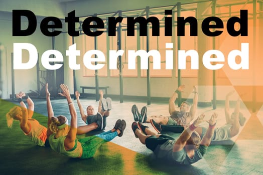 Fitness, overlay and group workout in a gym with a personal trainer for health, wellness and training. Motivational quote, cardio and team of athletes doing floor exercise with coach in sports studio