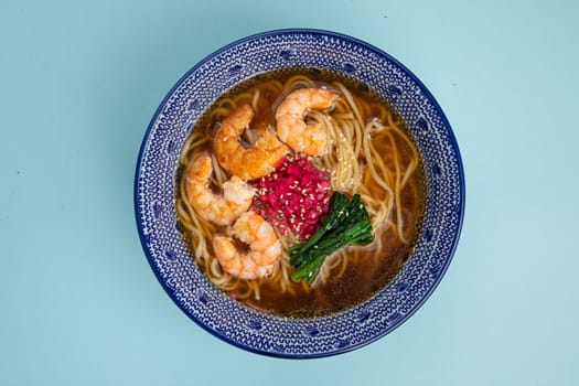 Portion of japanese ramen noodle soup with shrimp