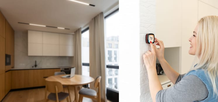 Woman using smartphone to control home connectivity interface.