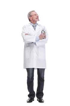 Smiling experienced doctor with a stethoscope on a white background