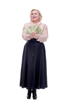 Young happy blinde woman with dollars in hand