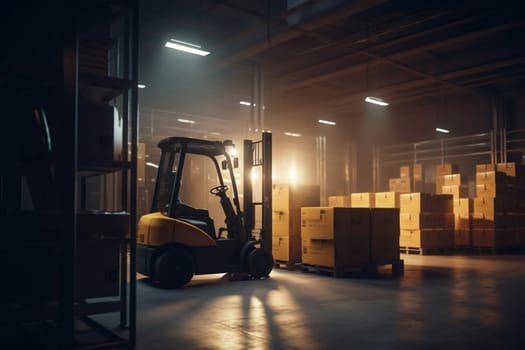 distribution box logistic forklift cargo sun warehouse storage transportation delivery. Generative AI.