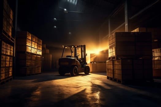logistic forklift cargo storage vehicle delivery distribution transportation box warehouse. Generative AI.