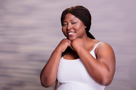 Body positive woman showing self love and care portrait