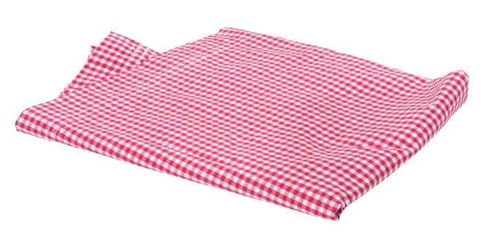 Folded cotton red and white kitchen tablecloth on a white isolated background