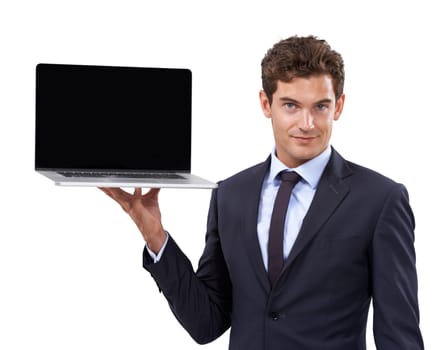 Online is the way to go. A handsome young businessman displaying a laptop against white background.