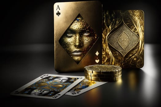 Golden Poker. Texas club poker, online casinos, playing cards, nightlife. Vegas Gambling industry, Casino market, virtual poker, chips, tokens dices tournament luxury deluxe Generative AI