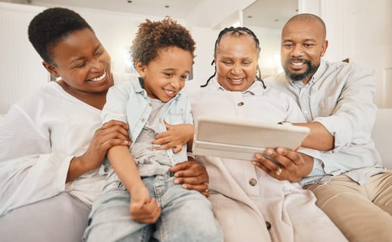Family tablet, kid video and education with mother and father help of studying in a home. Student teaching, tech learning and online school development app with grandparents and smile in house.