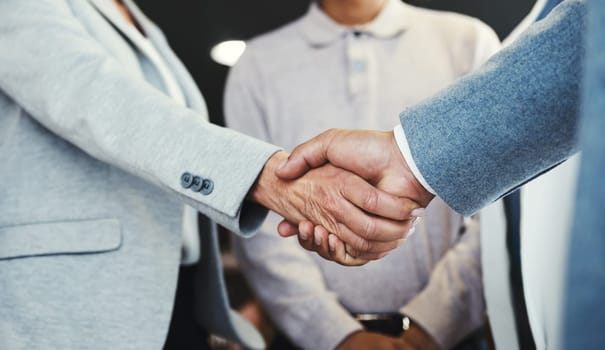 Shaking hands, acquisition and business people investment deal, b2b contract agreement or client negotiation meeting. HR hiring welcome, thank you or lawyer job interview with human resources manager