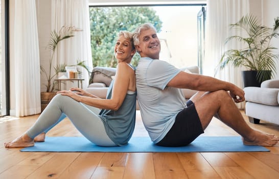Health, senior couple and doing yoga, meditation and smile for wellness, fitness and workout on yoga mat together. Retirement, happy man and woman exercise, training and healthy in house on floor.