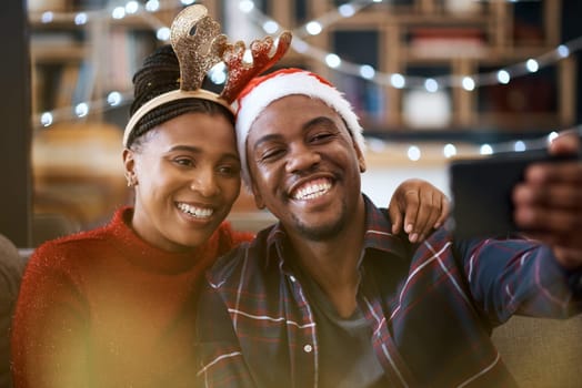 Phone, selfie and couple relax in a city for christmas celebration, bonding and happy together outdoors. Black couple, photo and man with woman downtown for festive, fun and season cheer with mockup