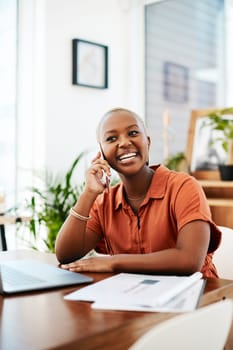Phone call, happy and business black woman in office for contact, connection and networking. Corporate, communication and female worker laughing on smartphone for conversation, discussion and chat.