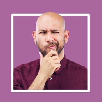 Thinking, confused and mockup by man in frame, studio and advertising, space and purple background. Doubt, unsure and contemplation by guy thoughtful, pensive or emoji gesture while standing isolated