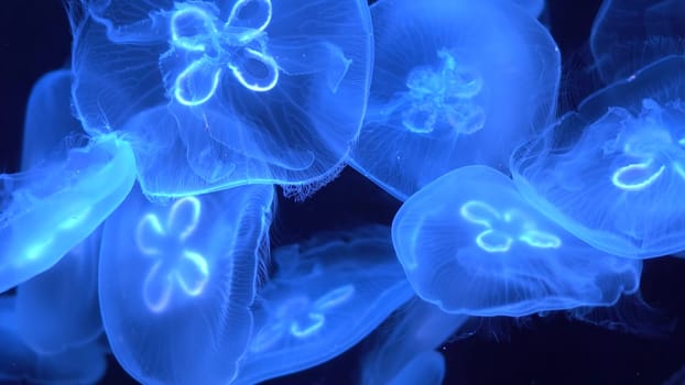 Jellyfish glow blue in the dark. Neon transparent jellyfish float on a black background.