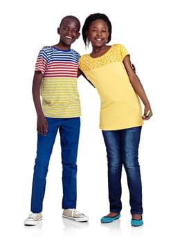 We support each other. Studio shot of african siblings against white background.
