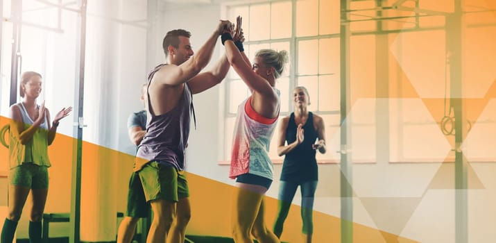 Fitness, group and high five to celebrate success for exercise, workout or training goal or win. Men and women happy applause for sport challenge, motivation or achievement at gym with mockup overlay