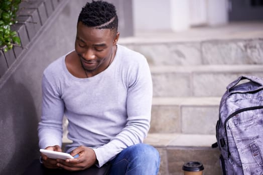 Relax, college and tablet with black man on stairs for learning, education or research. School, social media and technology with male student on steps of university campus for app, digital or study