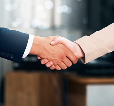 Handshake, agreement and business people with deal, partnership or collaboration. Shaking hands, cooperation and employees with opportunity, acquisition or b2b negotiation, congratulations and mockup