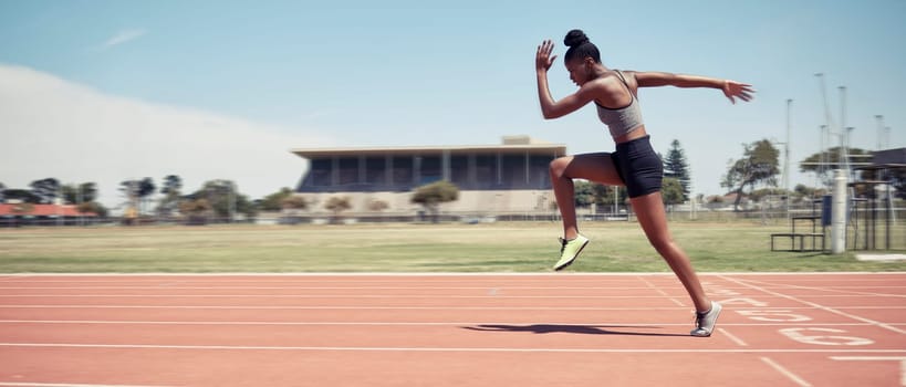 Run, black woman and running on track for marathon, fitness and workout for wellness, health and practice. Female athlete, healthy girl and runner for game, sprint or exercise for training or balance