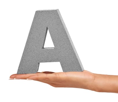 Woman hand, studio and alphabet or capital letter A for learning, advertising or font. A person show sign, character or text for communication, typo and grammar in palm isolated on a white background