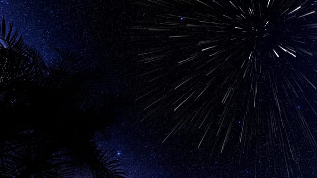 Starfall against the background of the starry sky and palm leaves 3d render