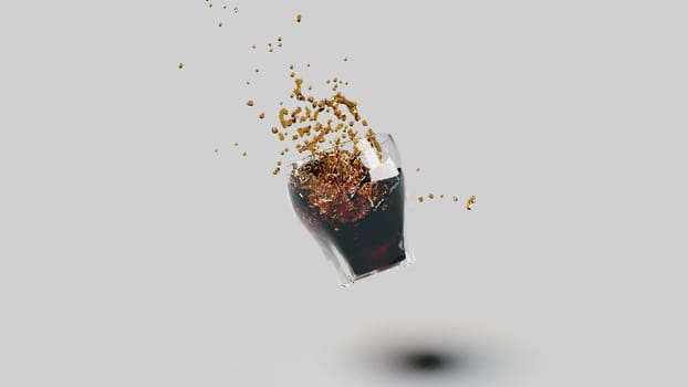 Freeze frame of a glass of brandy alcohol floating in the air intro 3d render