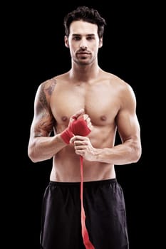 Man, fitness and boxing with portrait in studio for competition with champion at the gym. Boxer, body and professional with model at sports club for exercise and wellness for strong athlete.