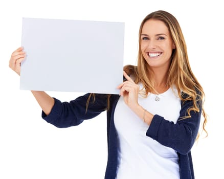 Poster mockup, portrait and happy woman isolated on white background for creative presentation or promo space. Face of person with board, empty paper or sign for announcement, news and studio mock up