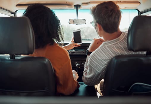 Phone, road trip and couple driving with gps to summer vacation destination in the countryside. Travel, journey and interracial people with maps on smartphone for holiday, adventure or weekend plans.