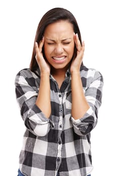Will it ever stop. a young woman feeling the pain of an intense headache isolated on white.