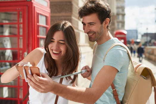 Travel, selfie and couple in London city on smartphone, social media, networking and influencer lifestyle update. Blog digital friends in Big Ben using phone, live streaming uk vacation trip together.
