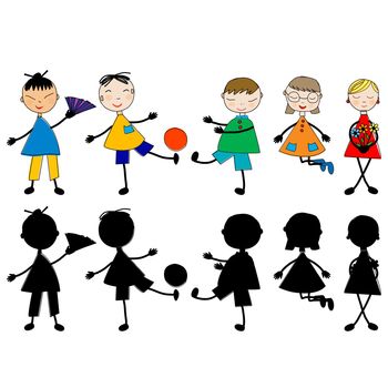 Set of doodle cartoon kids and silhouettes