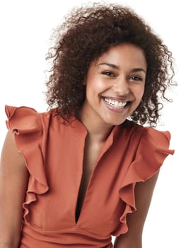 African woman, studio portrait and fashion with smile, beauty and happiness by white background. Isolated girl, model and happy with excited face for clothes, dress and natural curly hair by backdrop