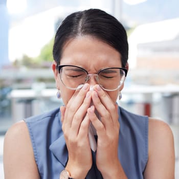 Business, flu and woman with tissue, sneeze and worker with health, wellness and illness in workplace. Female employee, manager and leader with toilet paper, allergy and disease in modern office