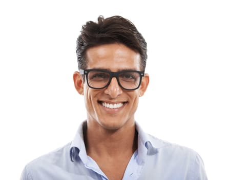 Making a spectacle of his smile. Portrait of a handsome young man smiling while wearing spectacles.